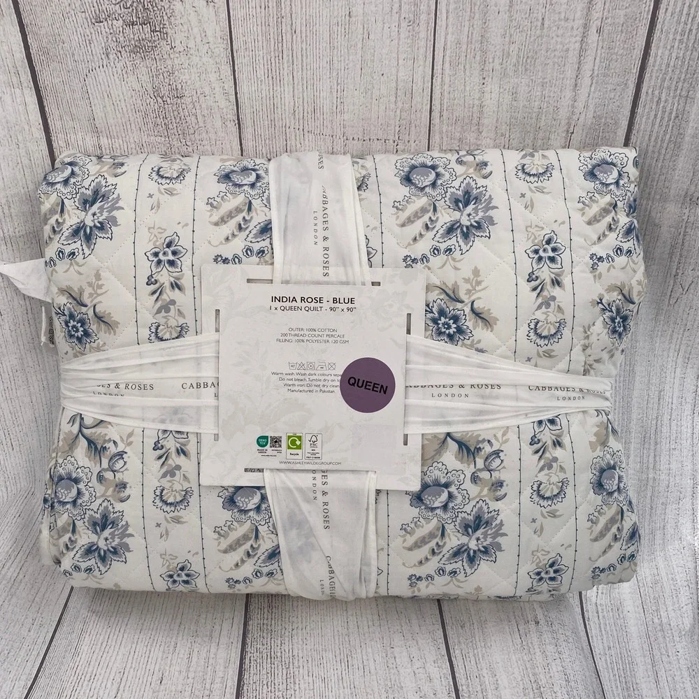 Cabbages & Roses India Rose Queen Quilt Blue Floral Cotton Percale Cottagecore